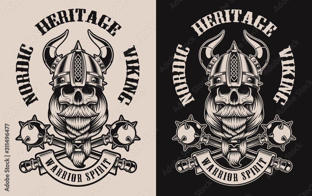 Set of  illustrations with a viking skull