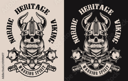 Set of  illustrations with a viking skull