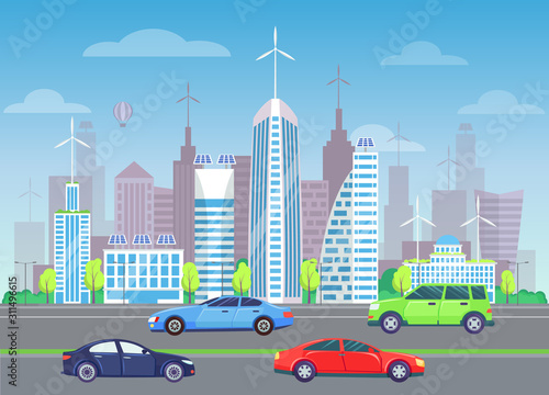 Modern city vector  contemporary look of cityscape. Trees and plans bushes along roads  cars and transports on streets. Solar batteries and skyscrapers