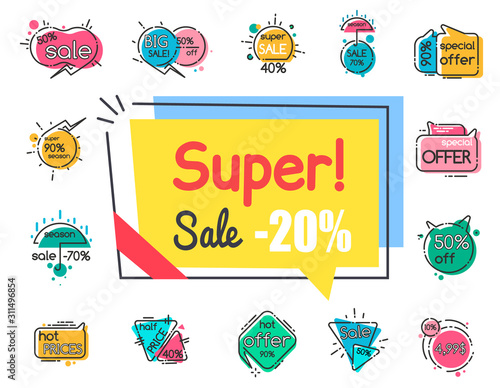 Collection of promotional banners, super sale 20 percent off. Proposition at store or market. Exclusive offer, seasonal clearance and discounts. Isolated set of icons in line style, vector in flat
