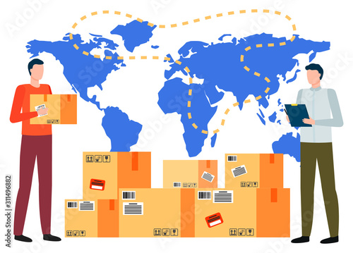 Business with China parcel and international worldwide. Men characters working with cardboard cargo and delivery anywhere in world. Teamwork cooperation with goods in different states vector