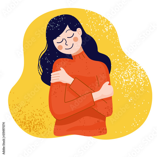 Love yourself concept, Woman hugging herself, Vector Illustration
