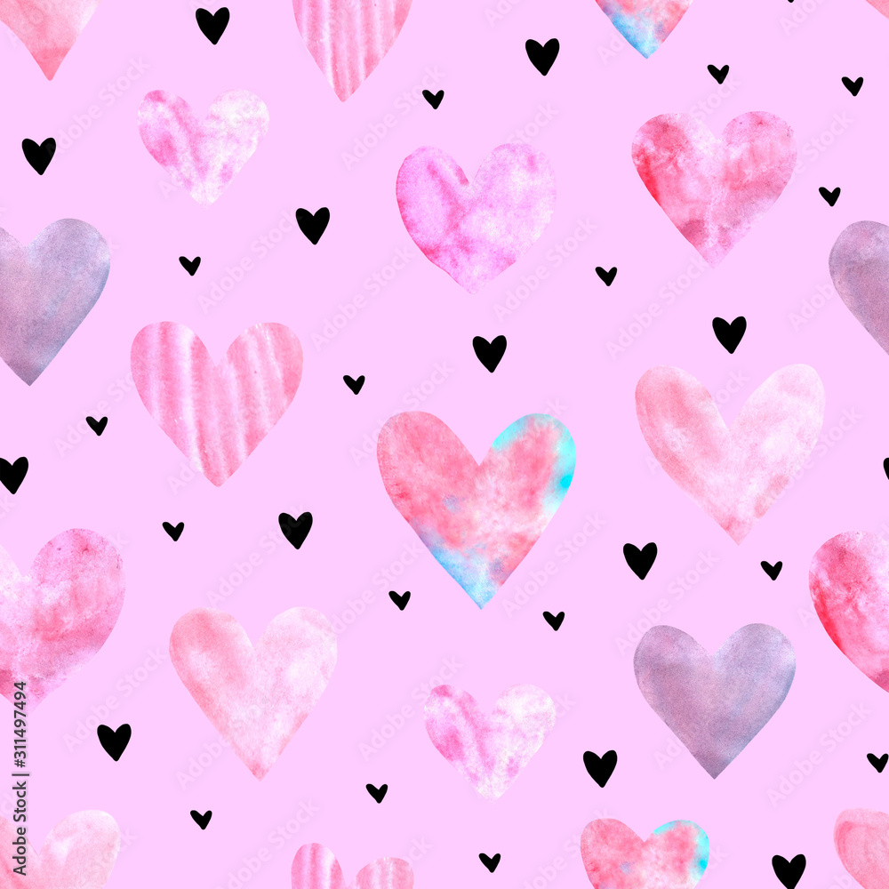Backgrounds, textures, frames, seamless patterns of red pink blue black watercolor hearts. Hand drawn. Love romance theme for birthday, Valentine's day, greeting card, wedding, wrapping paper
