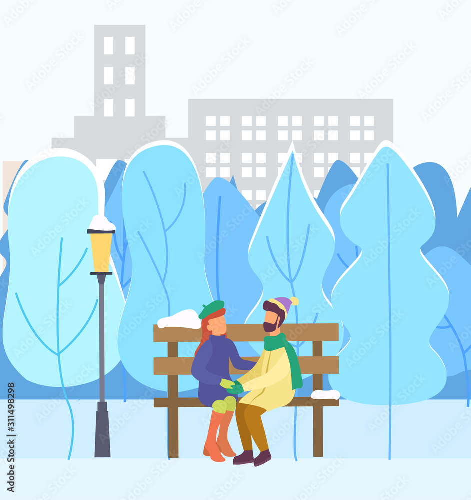 Naklejka premium Man and woman in love cuddling in winter city park. Couple hugging sitting on bench. Winter cityscape with trees and buildings. Girlfriend and boyfriend on date in evening outdoors. Vector in flat