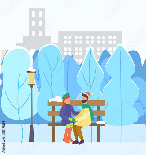 Man and woman in love cuddling in winter city park. Couple hugging sitting on bench. Winter cityscape with trees and buildings. Girlfriend and boyfriend on date in evening outdoors. Vector in flat