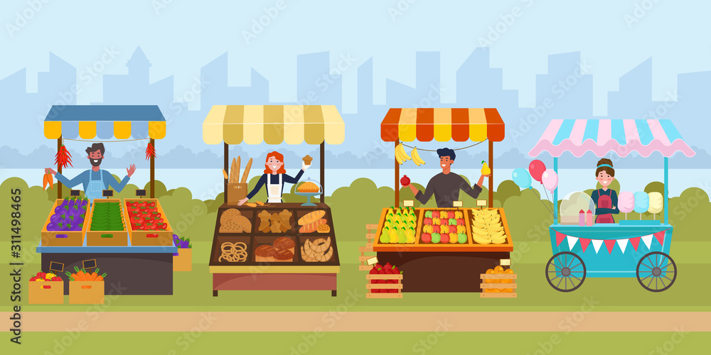 Local street food market flat vector illustration