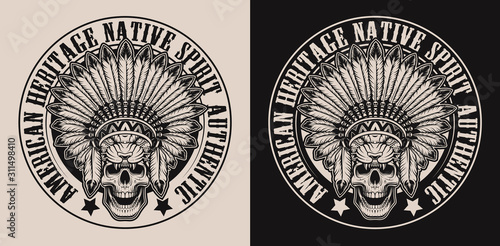 Set of illustrations with a skull in an Indian headdress