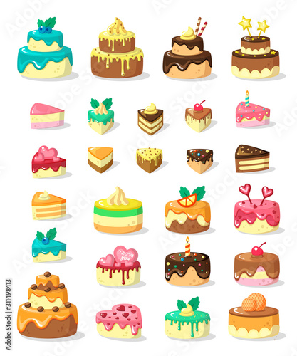 Fotografiet Layered cakes and slices flat vector illustration set