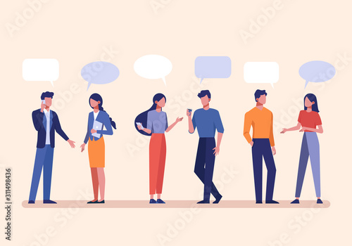 Talking faceless male and female cartoon characters vector illustration
