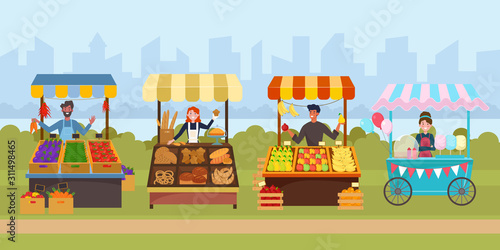 Local street food market flat vector illustration