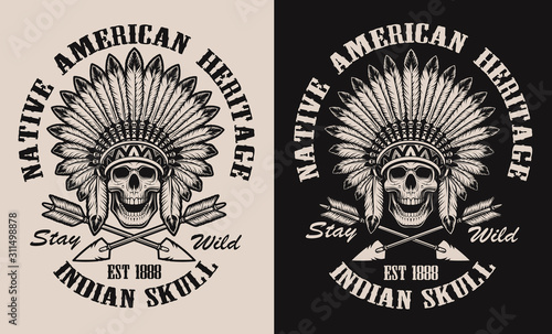 Black and white illustration with a indian skull