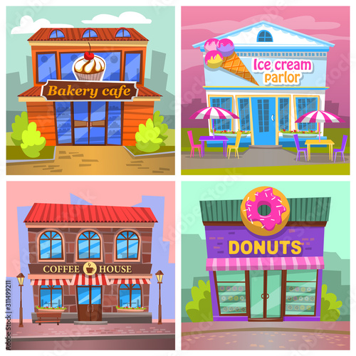 Ice cream parlor and coffee house, baking and donuts cafe exteriors. Facade of buildings with signs and symbols. Places to eat and buy food in city. Set of town infrastructure, vector in flat