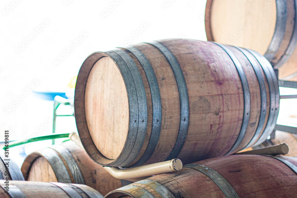 Closeup of wine barrels 