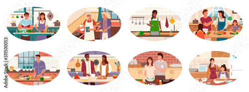 Collection of people cooking in kitchen of homes. Couples and family, granny and granddaughter making soup. Pair preparing dishes, man helping woman cook. Healthy lifestyles and dietary eating vector