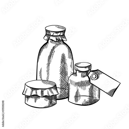 Natural pharmacy. Sketch illustration of bubbles, bottles and cans with labels and hatching. Healthcare and medicine. Engraving vector objects for labels, cards, banners and your creativity.