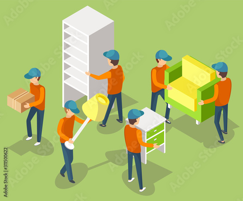 Moving furniture teamwork, men holding armchair, cupboard and lamp, bedside table, Workers relocating indoor, improvement apartment, installing vector