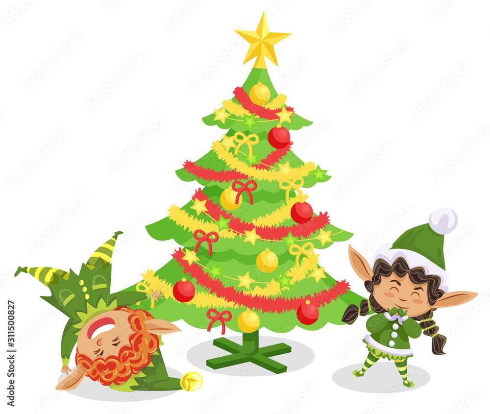 Fototapeta premium Elves funny cartoon characters tumbling near Christmas tree decorated by toys. Winter holiday card with gnome hero in traditional costume near fir-tree. Postcard with spruce and Xmas assistant vector
