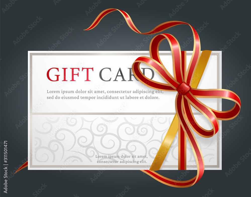Gift card with ribbons and bow, Birthday present, shopping offer. Holiday voucher, certificate for buying goods or services. Spa procedures or beauty and fashion shops coupon vector illustration Gift card with ribbons and bow, Birthday present, shopping offer. Holiday voucher, certificate for buying goods or services. Spa procedures or beauty and fashion shops coupon vector illustration