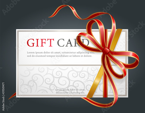 Gift card with ribbons and bow, Birthday present, shopping offer. Holiday voucher, certificate for buying goods or services. Spa procedures or beauty and fashion shops coupon vector illustration