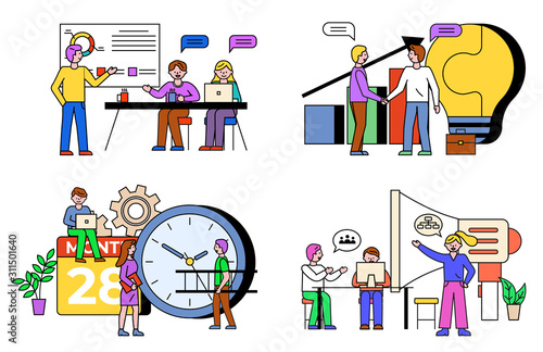 Meetings of working people, isolated set of characters at work. Infochart with raising pointer and lightbulb. Curator and students listening to teacher. Time management signs clock and calendar vector