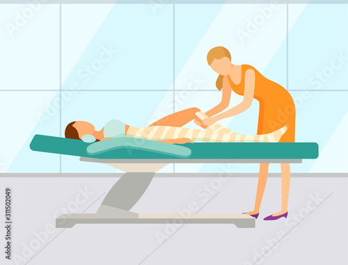 Worker of spa salon wrapping leg of female client, beauty procedure. Woman character lying on table and relaxing, body envelope, healthcare vector