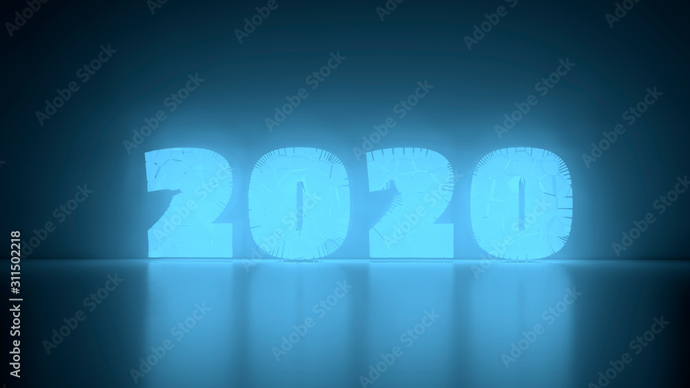Happiness for the New Year 2020 lettering made by cracked glowing glass or ice crystalls over frozen wall. 3d illustration Happiness for the New Year 2020 lettering made by cracked glowing glass or ice crystalls over frozen wall. 3d illustration
