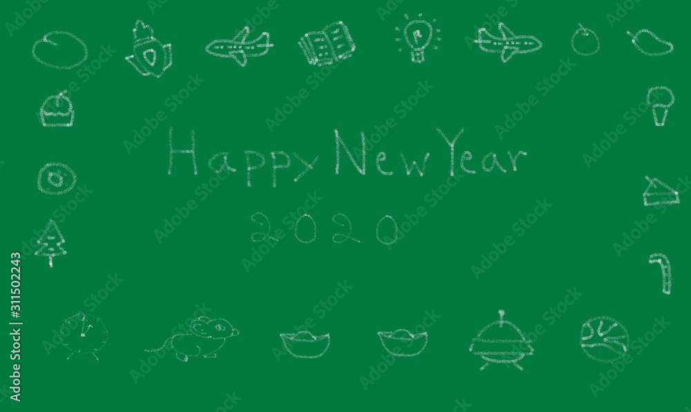 Fototapeta premium 2020 Happy new year write drawing green chalkboard for celebration blessing , appropriate the Backdrop idea copy space
