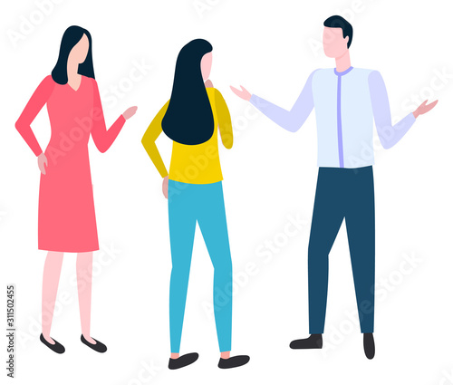 Brokers and hucksters, stockbrokers or bill-brokers isolated. Collaboration of colleagues, vector consulting man and woman discussing business issues