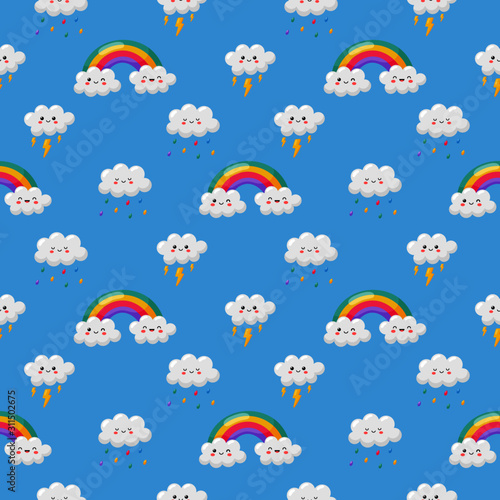 colorful cute baby cloud seamless pattern umbrella, rain and lightning on blue background. vector Illustration.