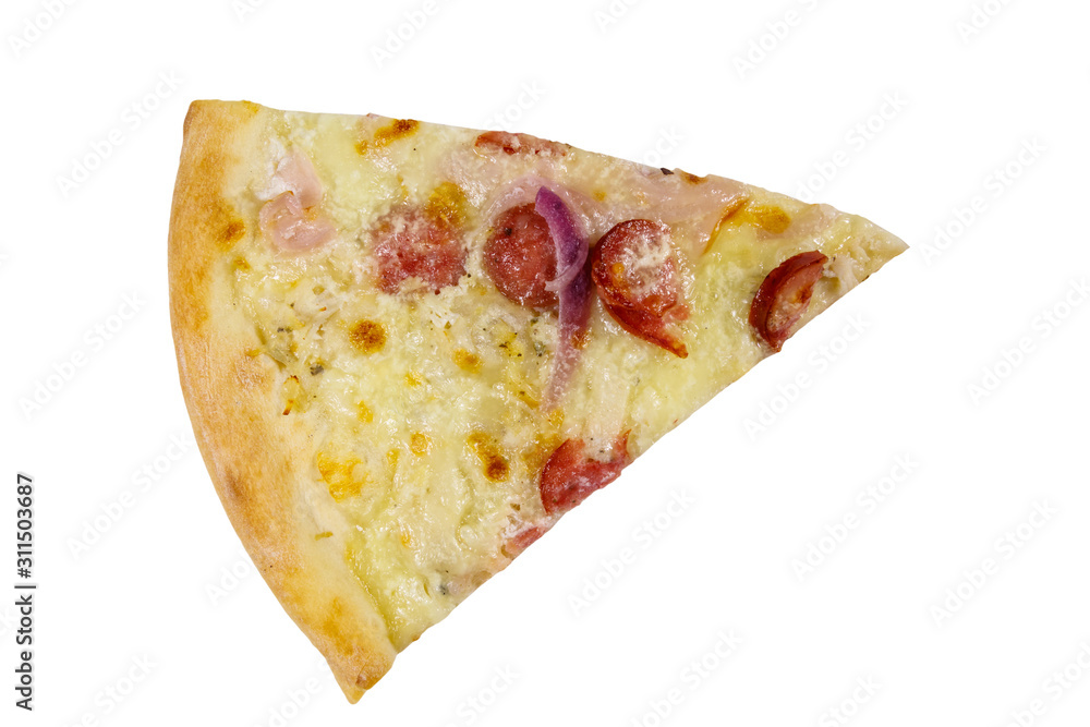 Slice of pizza with sausage, red onion and cheese isolated on white background Slice of pizza with sausage, red onion and cheese isolated on white background