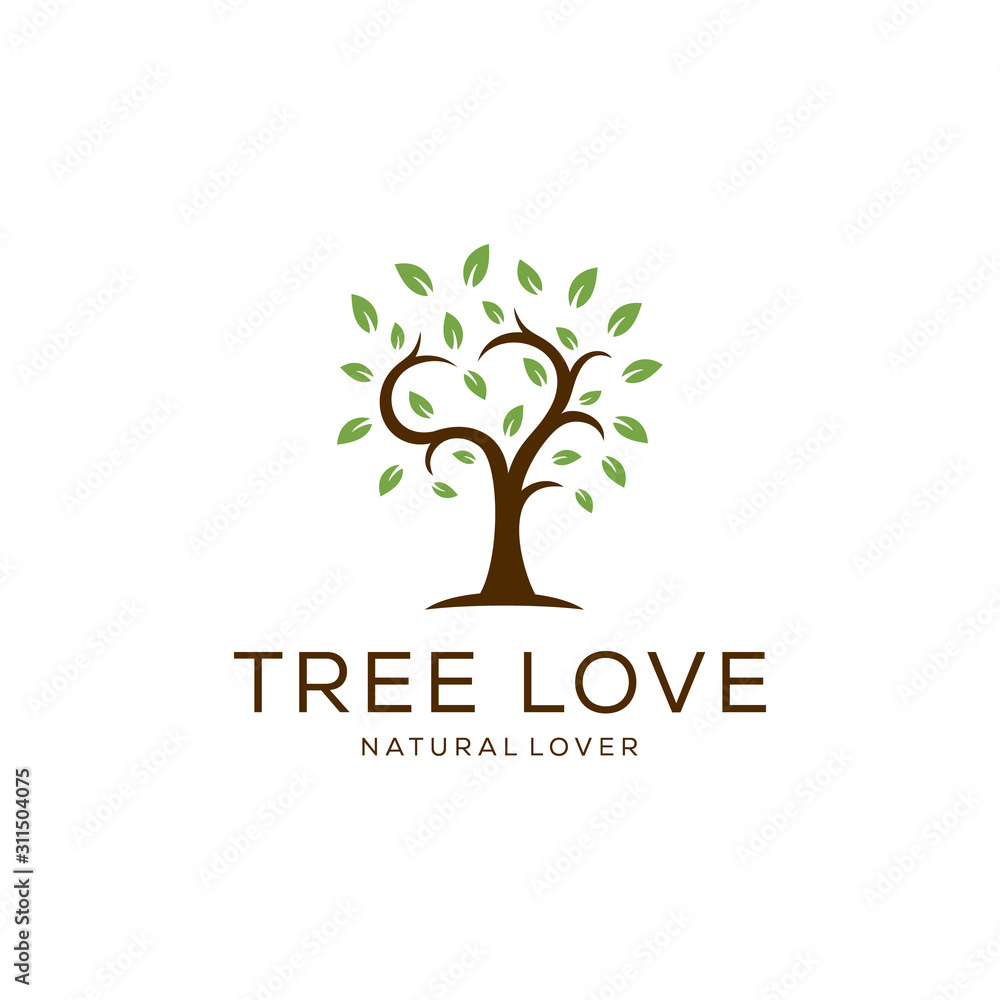 Illustration of abstract tree in the shape of a heart love sign with lush leaves logo design
