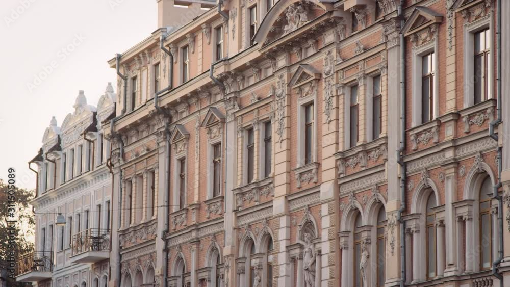 Slow pan across beautiful facade on Odessa Ukraine City Center building Slow pan across beautiful facade on Odessa Ukraine City Center building