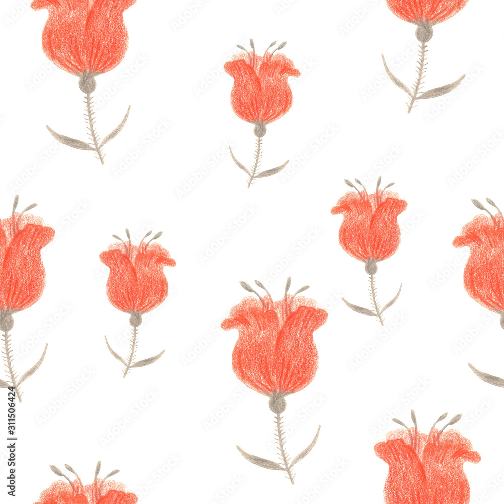 Obraz premium Seamless background. Drawing flowers in the style of primitive art. Hand-drawn illustration for printing on fabric, clothing, tableware, wrapping paper, Wallpaper. 