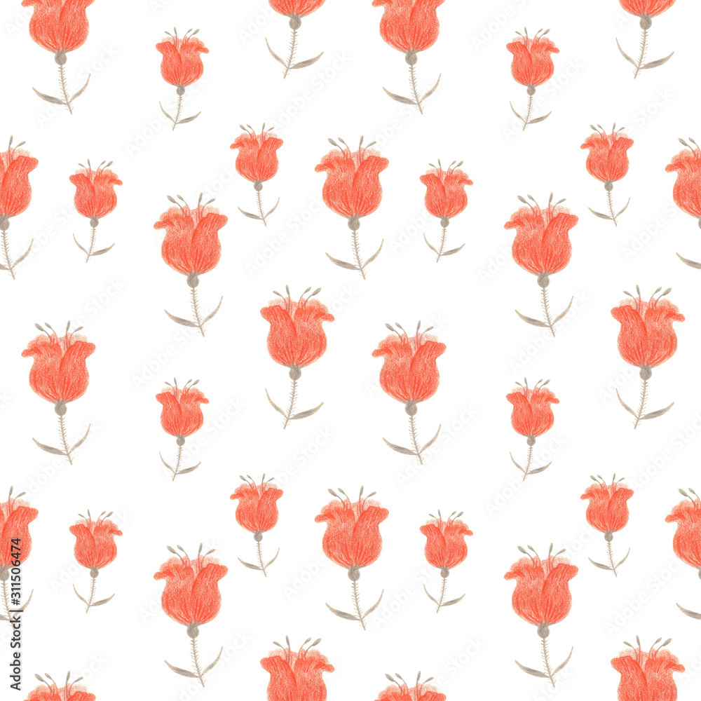 Obraz premium Seamless background. Drawing flowers in the style of primitive art. Hand-drawn illustration for printing on fabric, clothing, tableware, wrapping paper, Wallpaper.