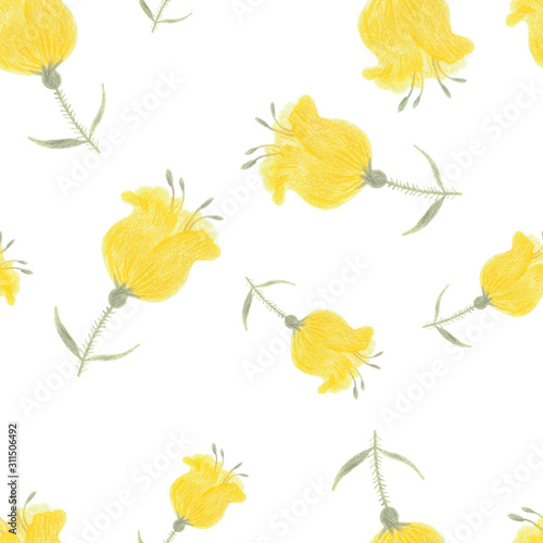 Seamless background. Drawing flowers in the style of primitive art. Hand-drawn illustration for printing on fabric, clothing, tableware, wrapping paper, Wallpaper. 
