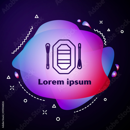 Purple line Rafting boat icon isolated on dark blue background. Inflatable boat with paddles. Water sports, extreme sports, holiday, vacation. Abstract banner with liquid shapes. Vector Illustration