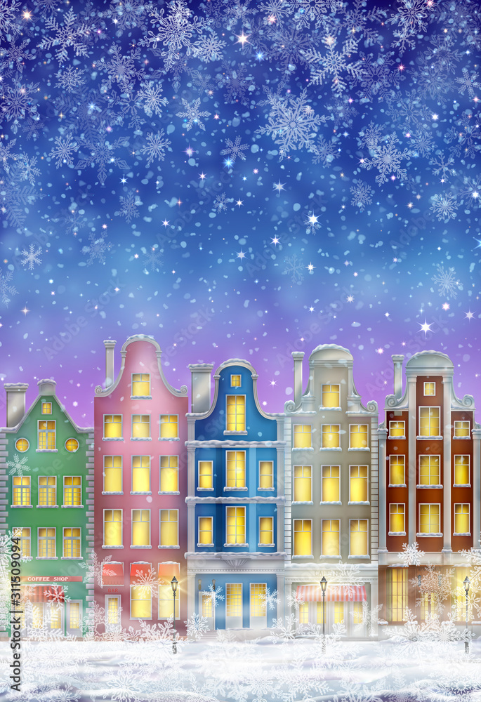 Winter Town at Night with Snow