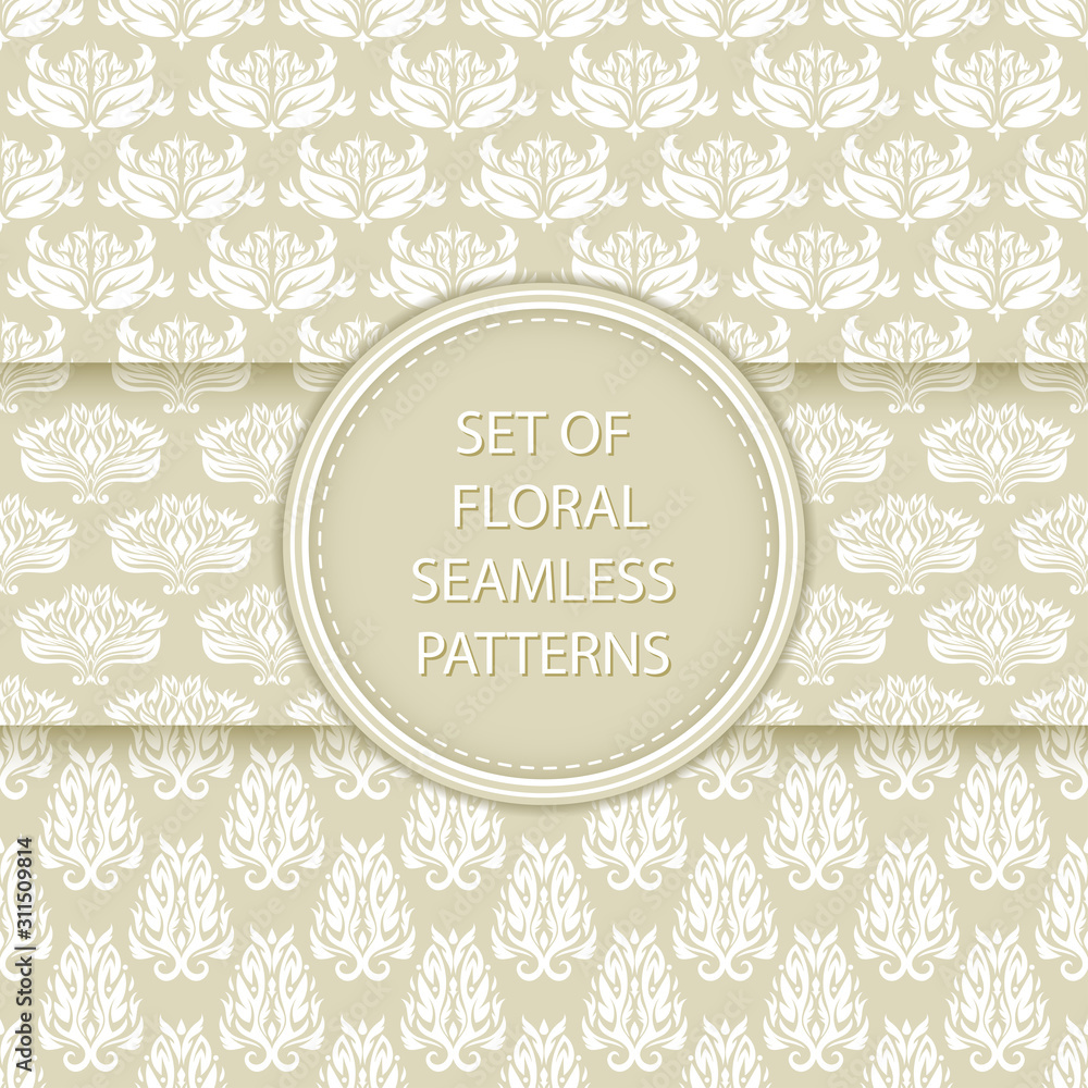 Floral seamless patterns compilation. White designs on olive green backgrounds Floral seamless patterns compilation. White designs on olive green backgrounds