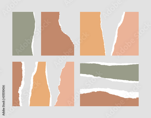 Set of Torn Paper Pieces isolated on grey background. Vector illustration.