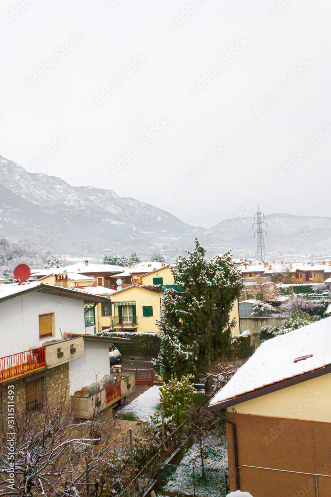 View on Brescia city in a snowstorm