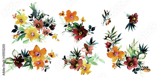 Flowers watercolor illustration.Manual composition.Big Set watercolor elements.