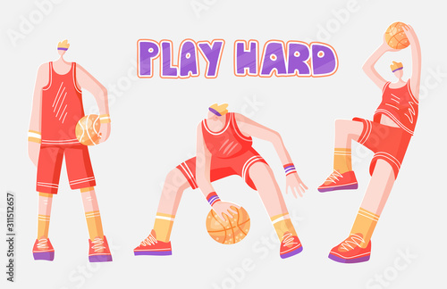 Vector flat collection of basketball players. Man playing in basketball, throwing a ball into basket, playing with ball and standing stright, dynamic active sport and basketballs. Professional