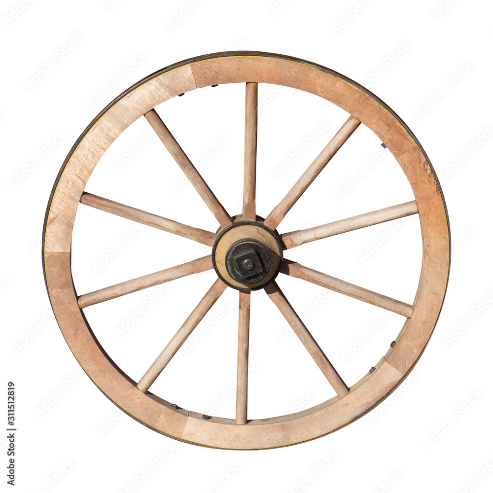 An old wooden carriage wheel isolated on white