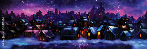 Winter night town banner/ Illustration a fantasy town nightscape with lights, snow and ice. Digital painting