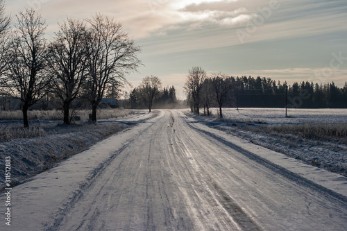 A slippery winter countryside road