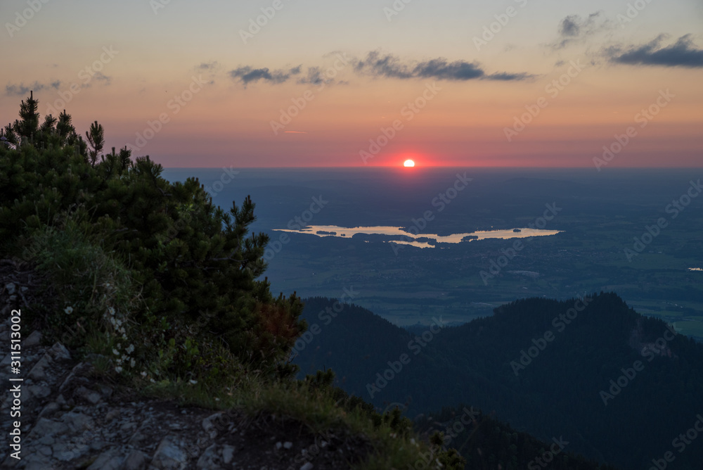 sunset alpine foothills upper bavaria, view to lake staffelsee