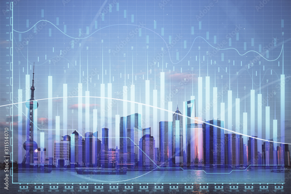 Forex graph on city view with skyscrapers background double exposure. Financial analysis concept. Forex graph on city view with skyscrapers background double exposure. Financial analysis concept.