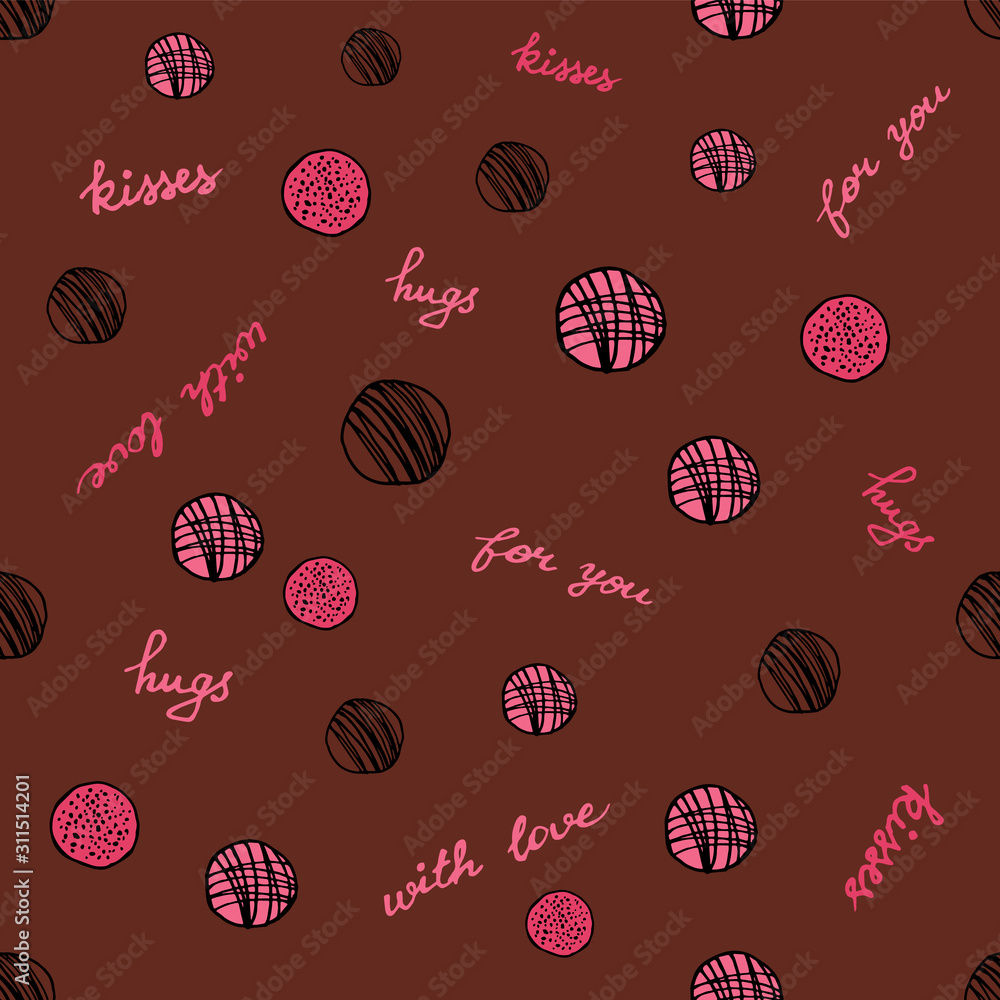 Lovely seamless pattern for Valentine's Day. Chocolate, candies, sweet, lettering. Good for gift wrapping. Hand drawn. Vector stock illustration. Lovely seamless pattern for Valentine's Day. Chocolate, candies, sweet, lettering. Good for gift wrapping. Hand drawn. Vector stock illustration.