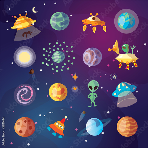 Cute cartoon space explorer, astronomy science and UFO vector set. Lunar rover, planets, rockets, space objects and aliens on cosmos background. Space explorer collection for kids