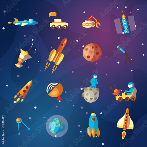 Cute cartoon space explorer, astronomy science and UFO vector set. Lunar rover, rockets, space sheeps and shuttle, aliens. Space equipment, rockets and shuttles collection for kids photo